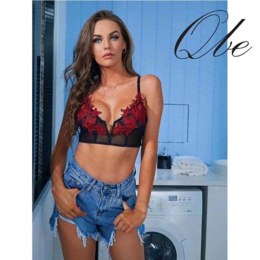 QBE Floral Appliques Sheer Mesh Bralette